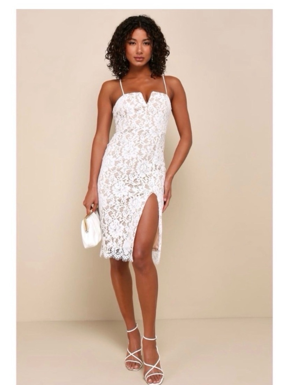 LULUS White Lace Side Slit Knee Length Dress Size Medium - Picture 4 of 9